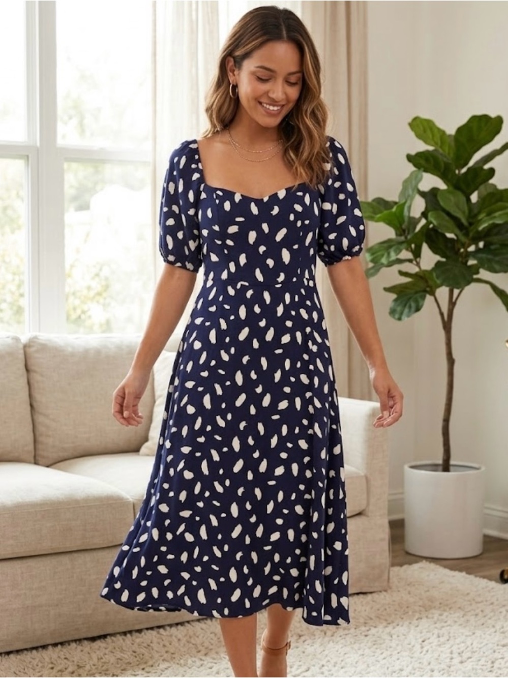 Reformation Navy Midi Dress with White Spot Print